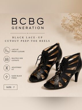 BCBGeneration Black Lace-Up Cutout Peep-Toe Heels